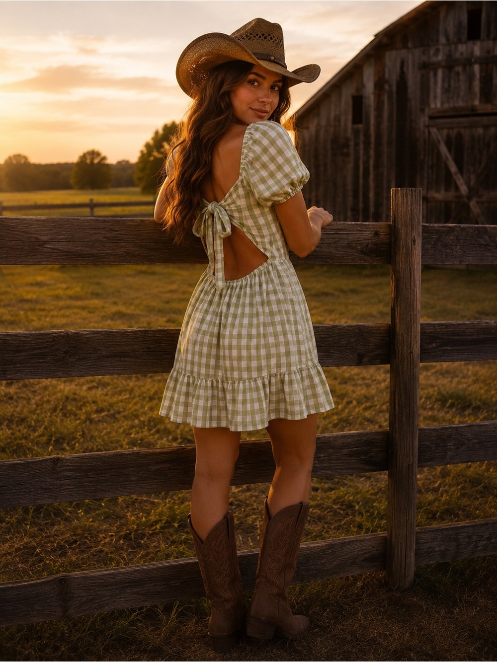 Green Gingham Puff-Sleeve Dress
